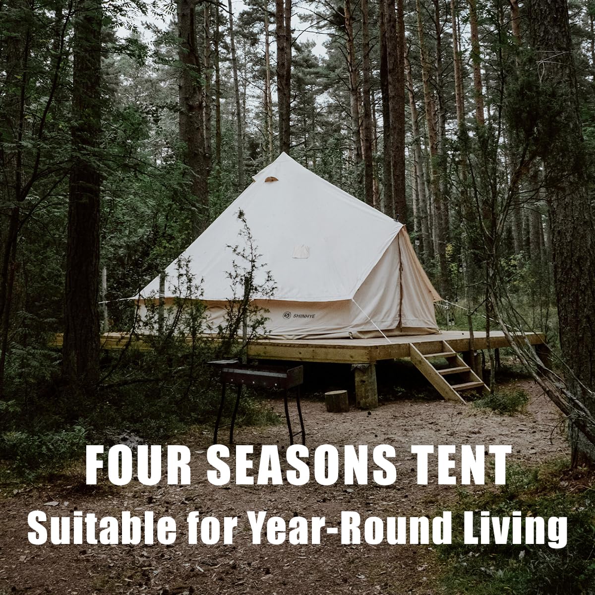 Four seasons tent in a forest setting with text overlay.