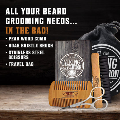 Viking Revolution Natural Boar Bristle Brush and Pear Wood Comb Set for Men - Dual Action Grooming for Beards and Mustaches with Velvet Travel Pouch