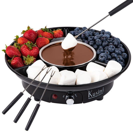 #Sponsored Brand: Kusini Color: Black Features: DELUXE FONDUE MAKER: This fondue pot electric set comes with a melting base, removable 10oz melting bowl, 3 section detachable tray for easy serving & cleaning, and 4 skewers. EASY TO PREPARE: Use this table