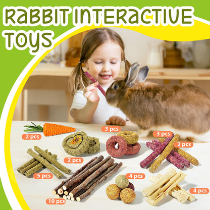 Brand: DBLPMFColor: greenFeatures: 34 PCS RABBIT TOYS : Product is made of natural materials, package contains Timothy hay balls *4, hay donuts *3, Timothy hay sticks *5, Timothy hay sticks with flowers*5, heart shaped hay cakes *2, braided carrots *1, sw