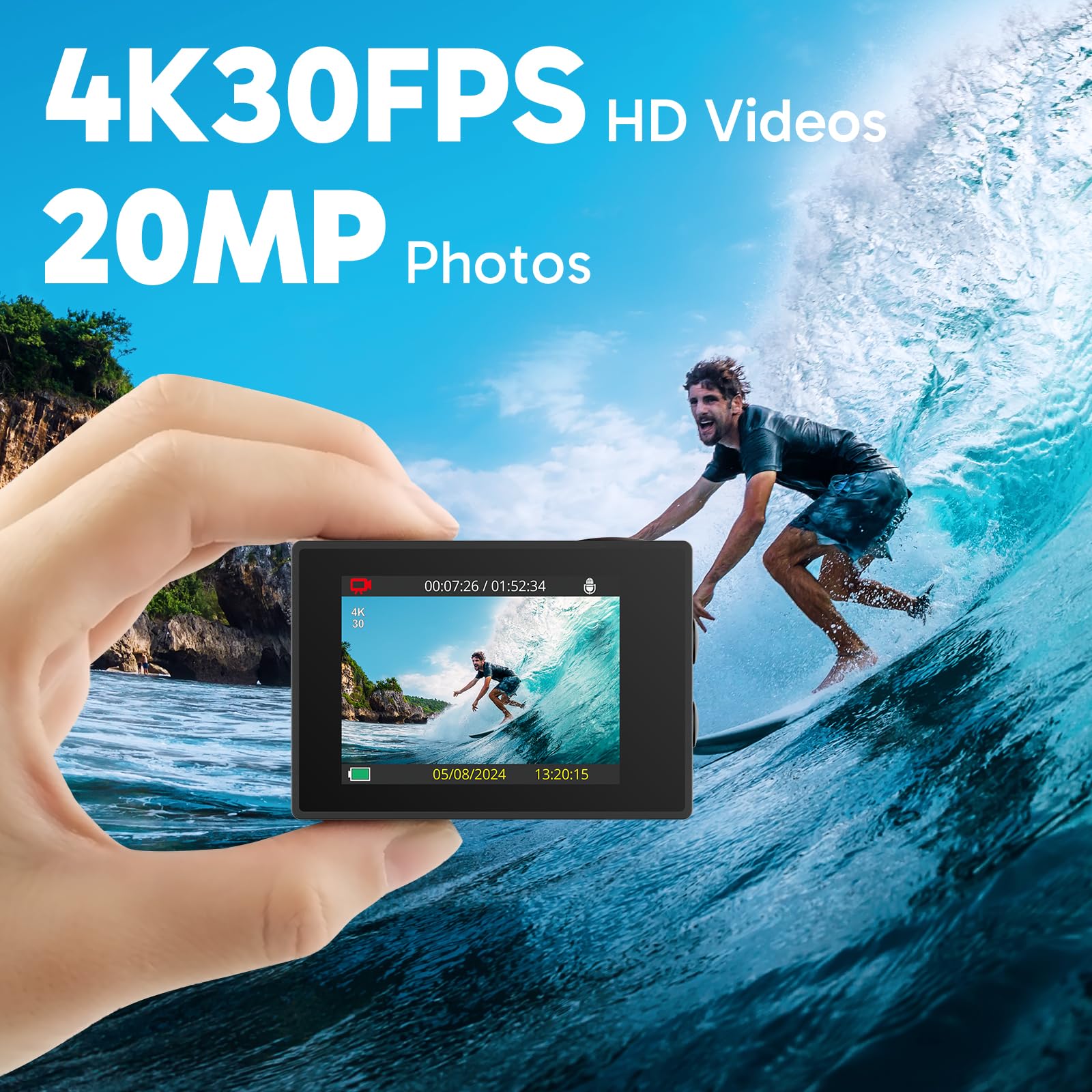 AKASO 4K Ultra HD Action Camera in Black: 4K30FPS video, 20MP photos, EIS for smooth stabilization, waterproof up to 131FT, and WiFi connectivity.