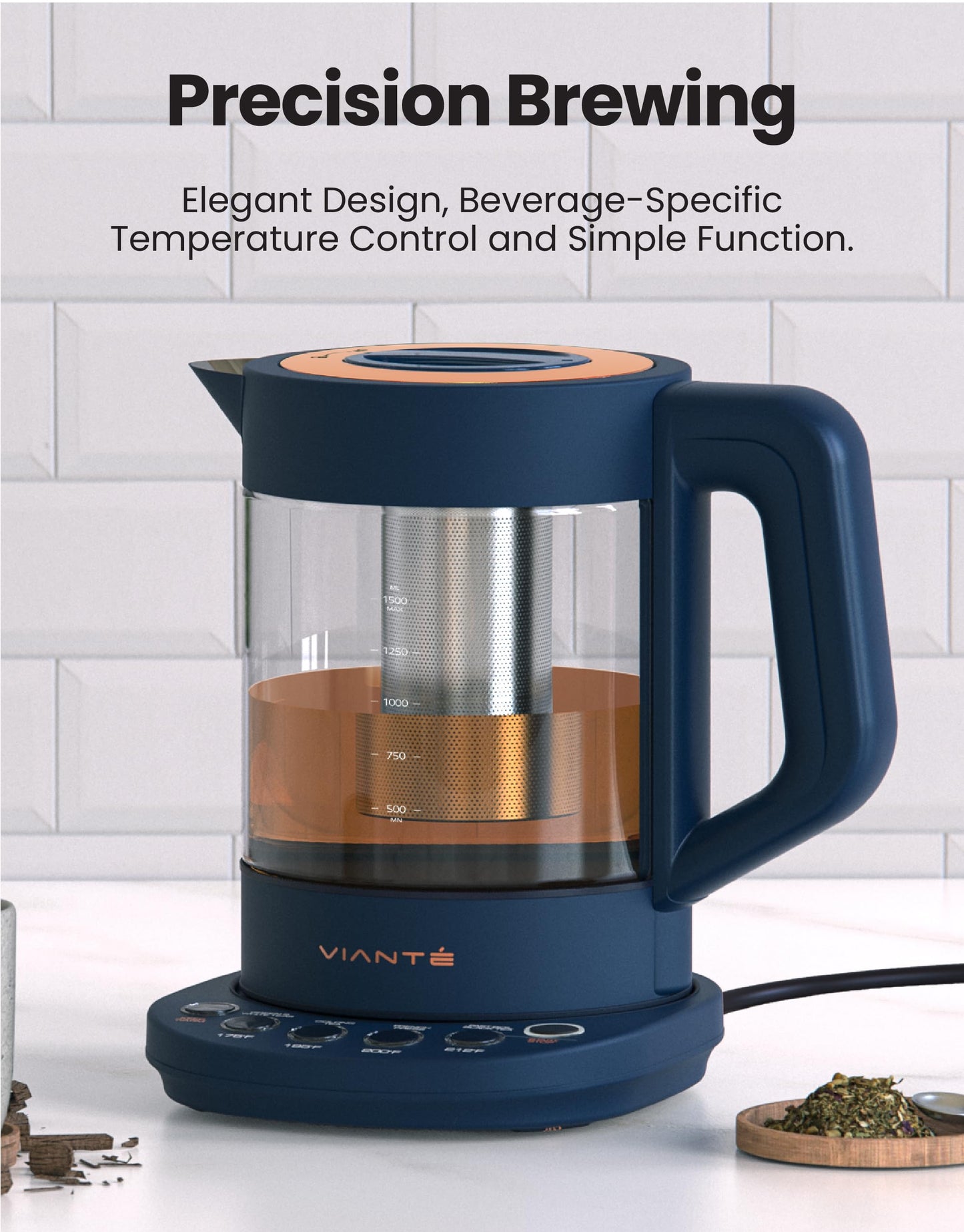 Vianté Electric Kettle With Tea Infuser For Loose Leaf Tea. Hot Tea Maker With Temperature Control And Automatic Shut Off. Tea Kettle With Brewing Programs. 1.5 Liters Capacity | Midnight Blue Color