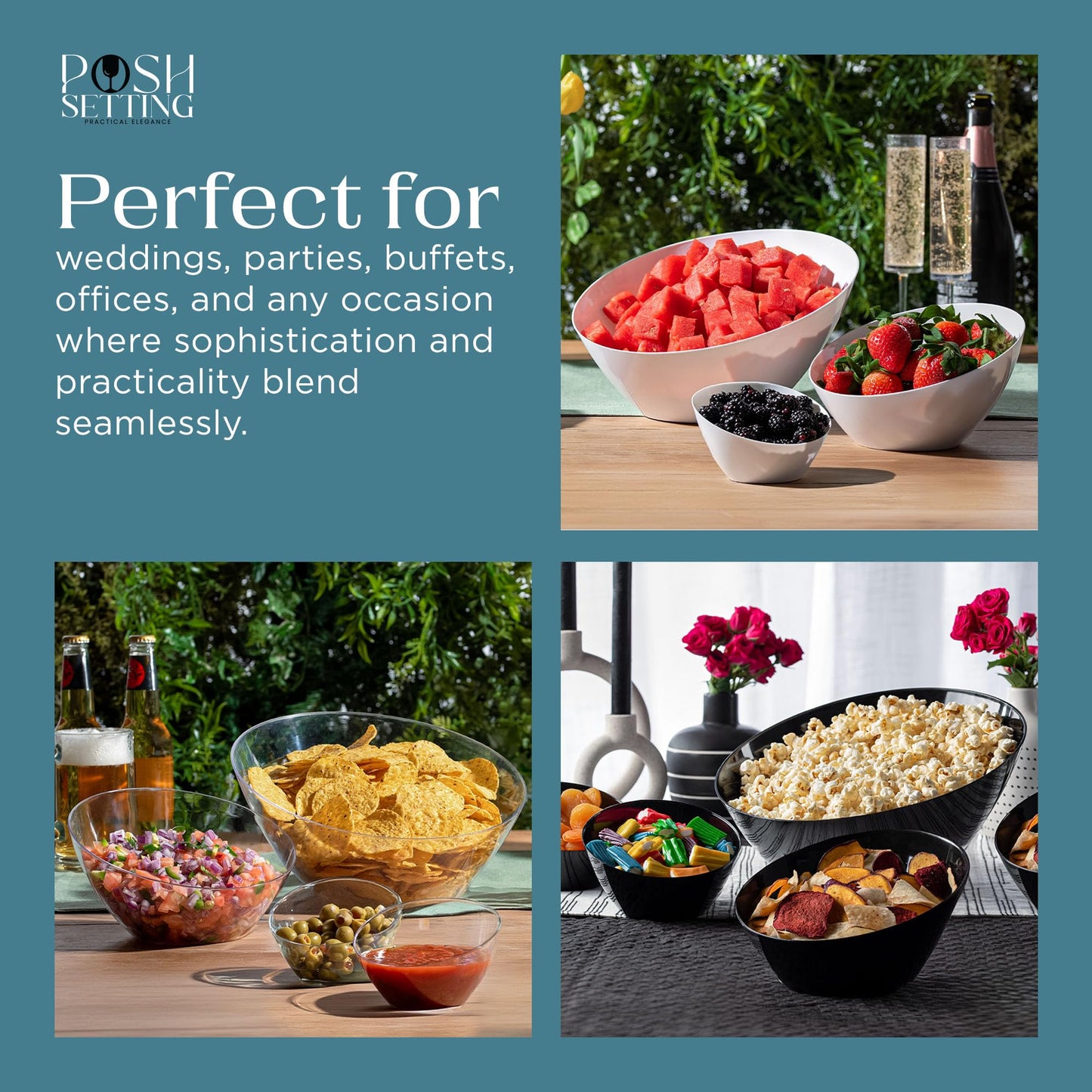 "Sponsored" Brand: Posh Setting SOLVE YOUR SERVING PROBLEMS WITH OUR SET OF 5 PLASTIC BOWLS: Tired of flimsy disposable serving bowls that break and disappoint? Say goodbye to the hassle with our set of 5 sturdy, premium plastic serving bowls. Our party s