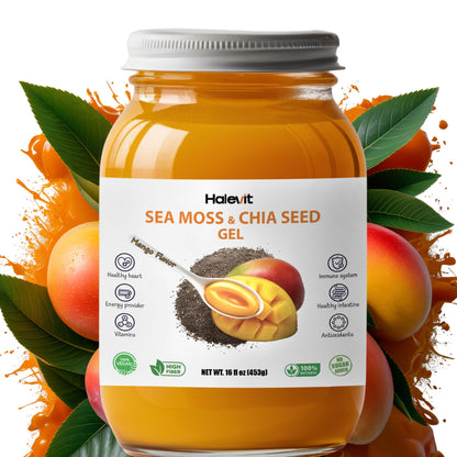 Sea Moss Gel with Ground Chia Seeds, Sea Moss Gel Organic Raw – Natural Iodine Source, Omega-3, Immune & Digestive Support, Vegan Superfood, Mango Flavor, Made in USA, 16 oz + Bag