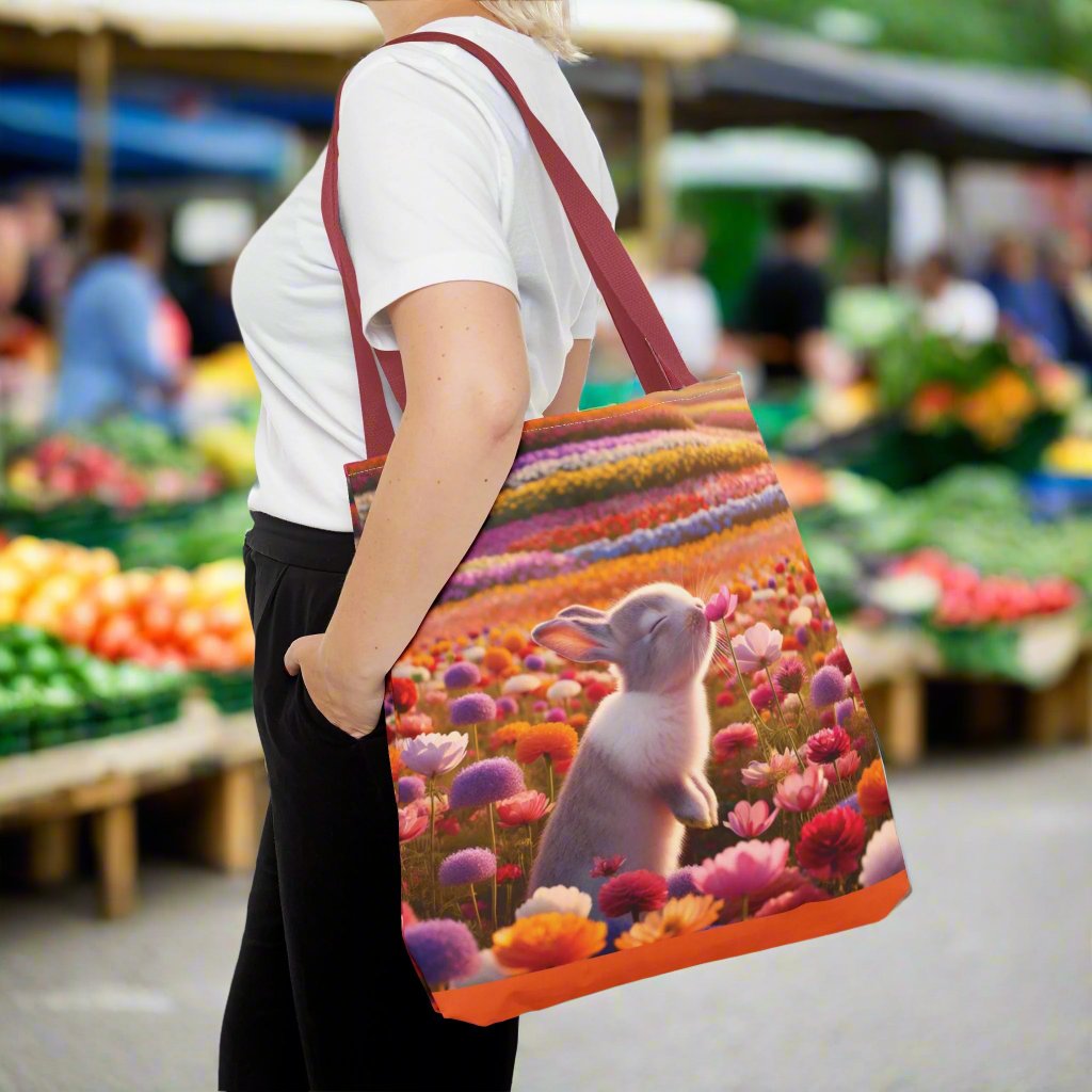 This Tote Bag features a cute design of a bunny smelling a flower in a field of flowers, giving off a whimsical and nature-loving vibe. Perfect for nature enthusiasts and animal lovers, this Tote Bag is great for everyday use for shopping, farmer's market