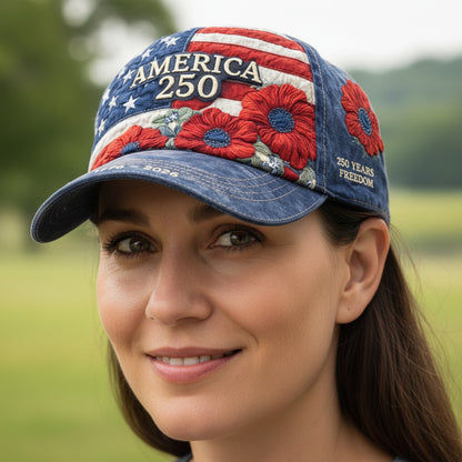 Cap with American flag design and floral elements on a wooden surface