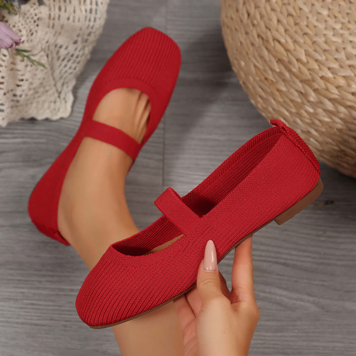 Womens Lightweight Breathable Knit Mesh Flats in vibrant red with a square toe and low heel, ideal for all-day wear.