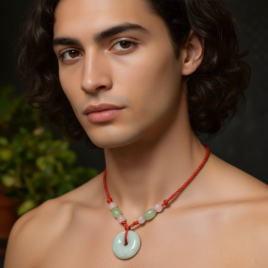 Man wearing a red cord necklace with a green pendant against a blurred natural background