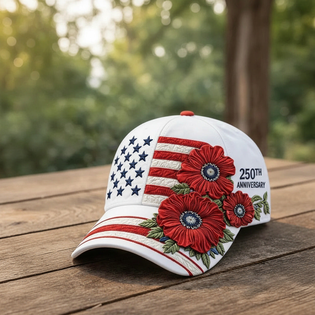 Cap with American flag design and red flowers on a wooden surface