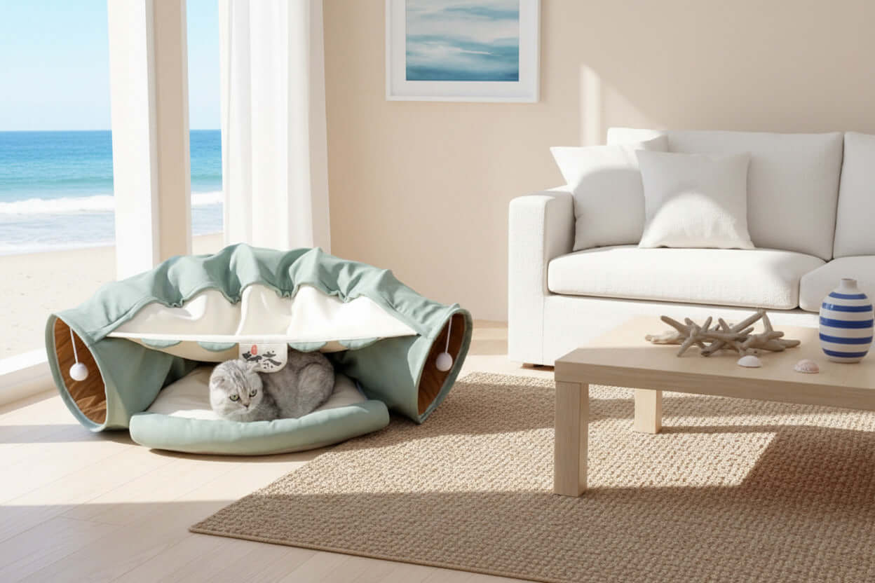 Portable Small Pet Tunnel-Bed - Ferrets Rabbit Cat Mini Pig Bed in a cozy living room setting.