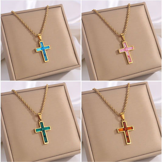 Unique design, stylish and beautiful. Good material, High quality. A variety of colors, any choice, titanium steel cross, colored stones, non fading, perfect for gifting or self gift Indulge in the epitome of luxury with our Diamond Effect Cross Necklace.