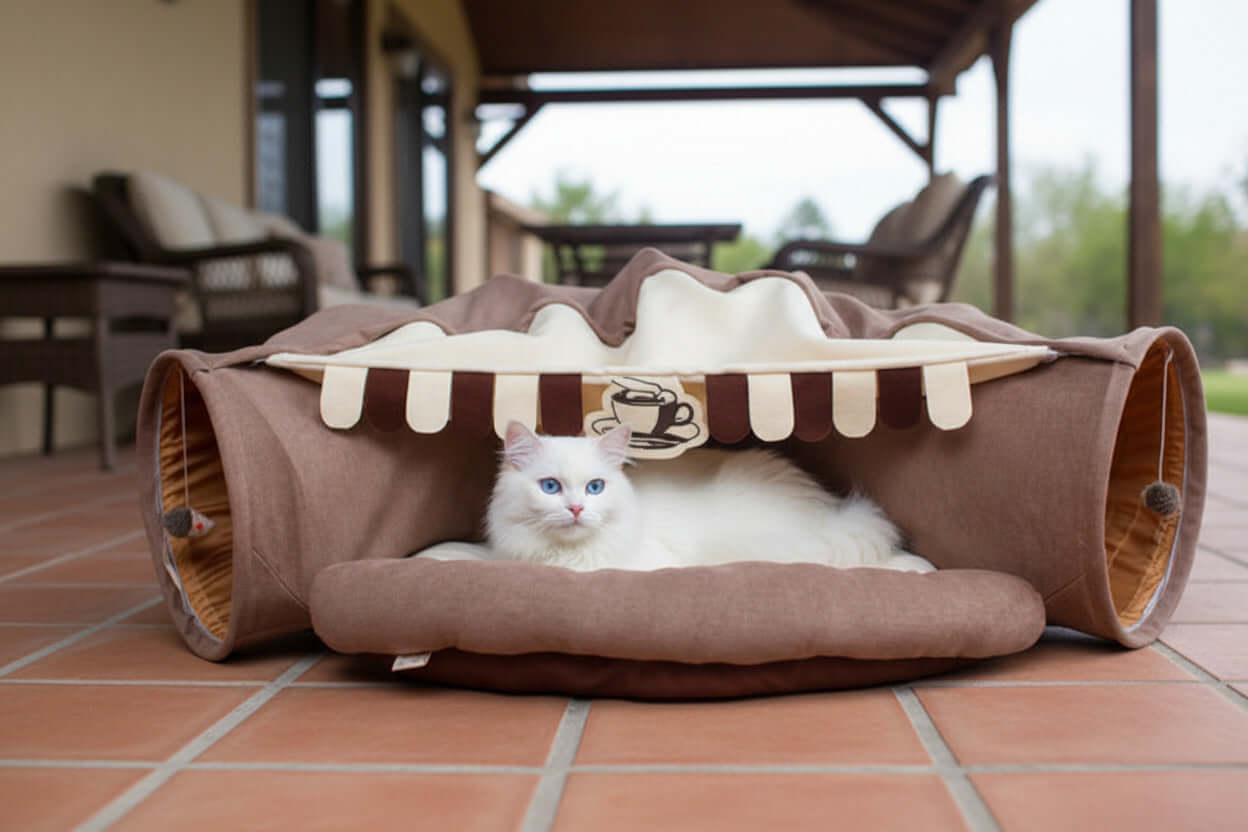 Portable Small Pet Tunnel-Bed - Ferrets Rabbit Cat Mini Pig Bed with a cat relaxing inside.