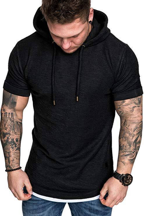 Men's Solid Color Hooded T-shirt worn by a model, showcasing a stylish black short sleeve design.