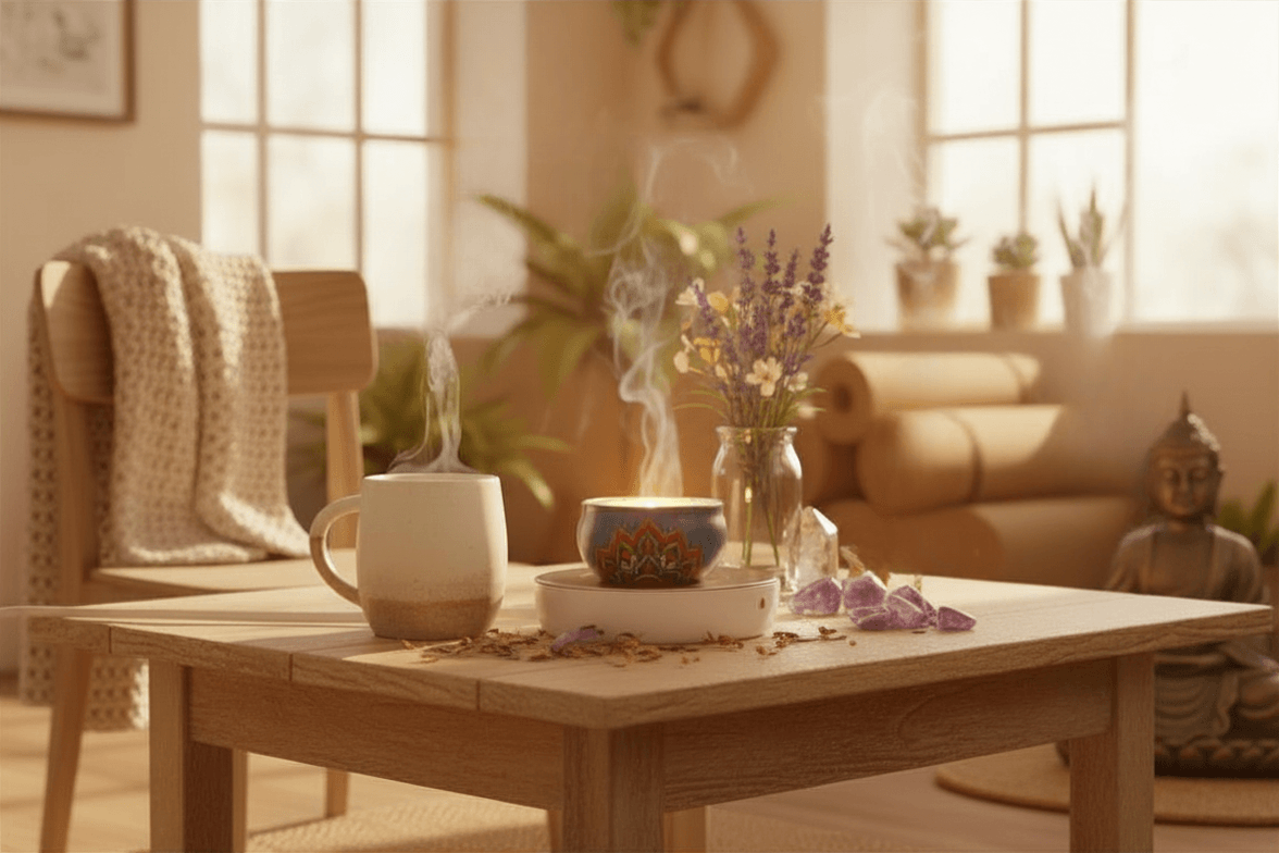 Wickless Candles - Celebrate Milestones on a cozy table with steaming mugs, flowers, and crystals in a serene setting.