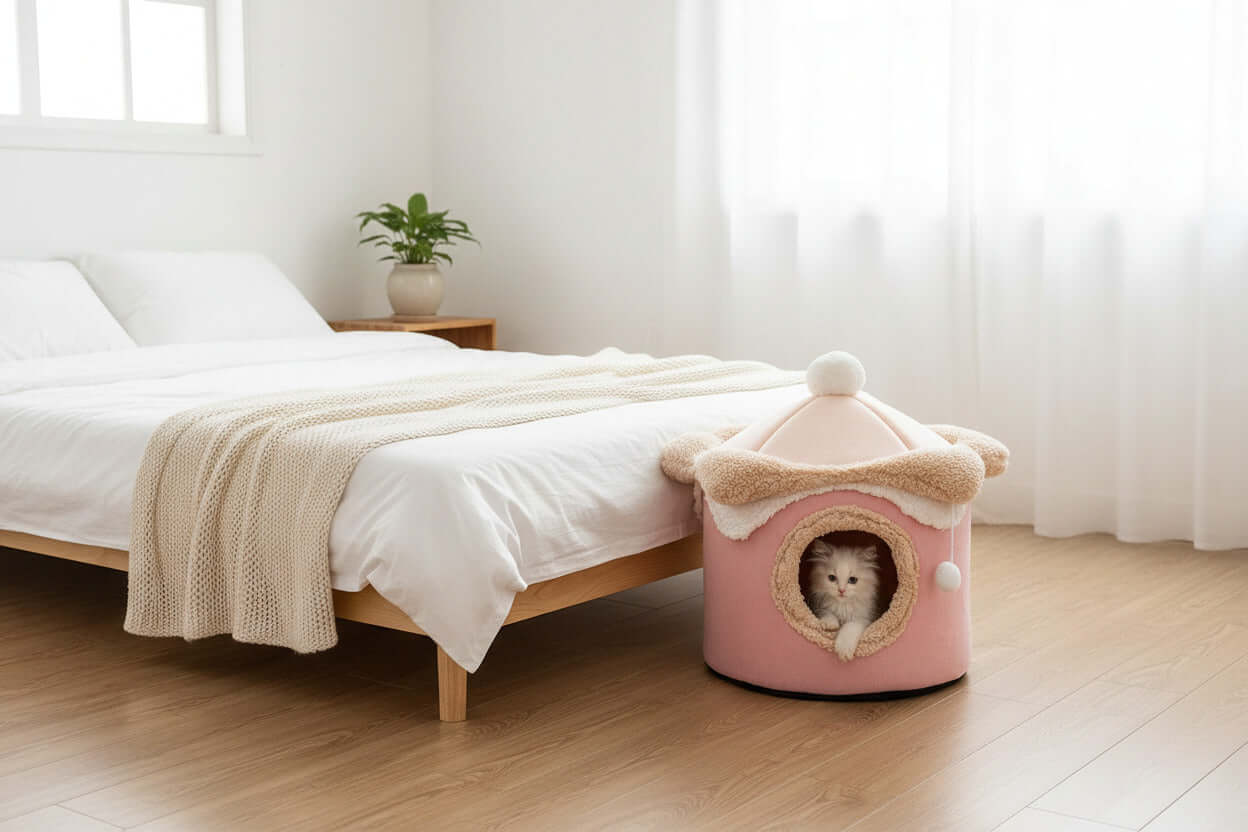 Ice Cream House Pet Bed in soft pink, providing a cozy retreat for small pets near a bed in a bright room.