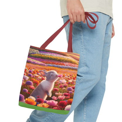 This Tote Bag features a cute design of a bunny smelling a flower in a field of flowers, giving off a whimsical and nature-loving vibe. Perfect for nature enthusiasts and animal lovers, this Tote Bag is great for everyday use for shopping, farmer's market