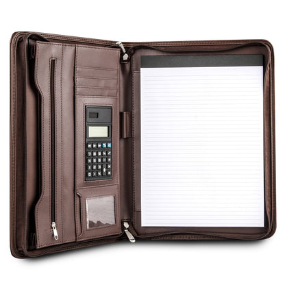 COSSINI Brown Padfolio: Superior PU leather, solar calculator, smart storage, tablet sleeve, sleek design, perfect for professionals.