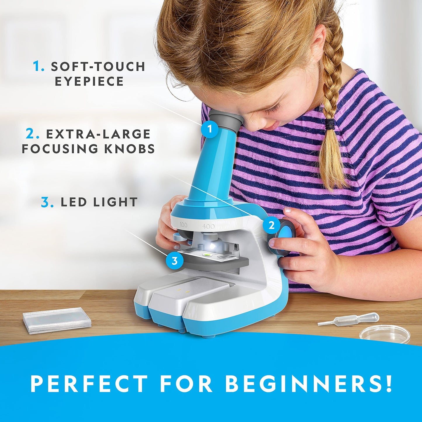 #Sponsored Brand: Blue Marble Color: Multicolor Features: KIDS WILL LOVE THIS MICROSCOPE - Large focus knobs, a soft-touch eyepiece, and an adjustable platform make it easy to keep specimens positioned just right. Three levels of magnification and lights