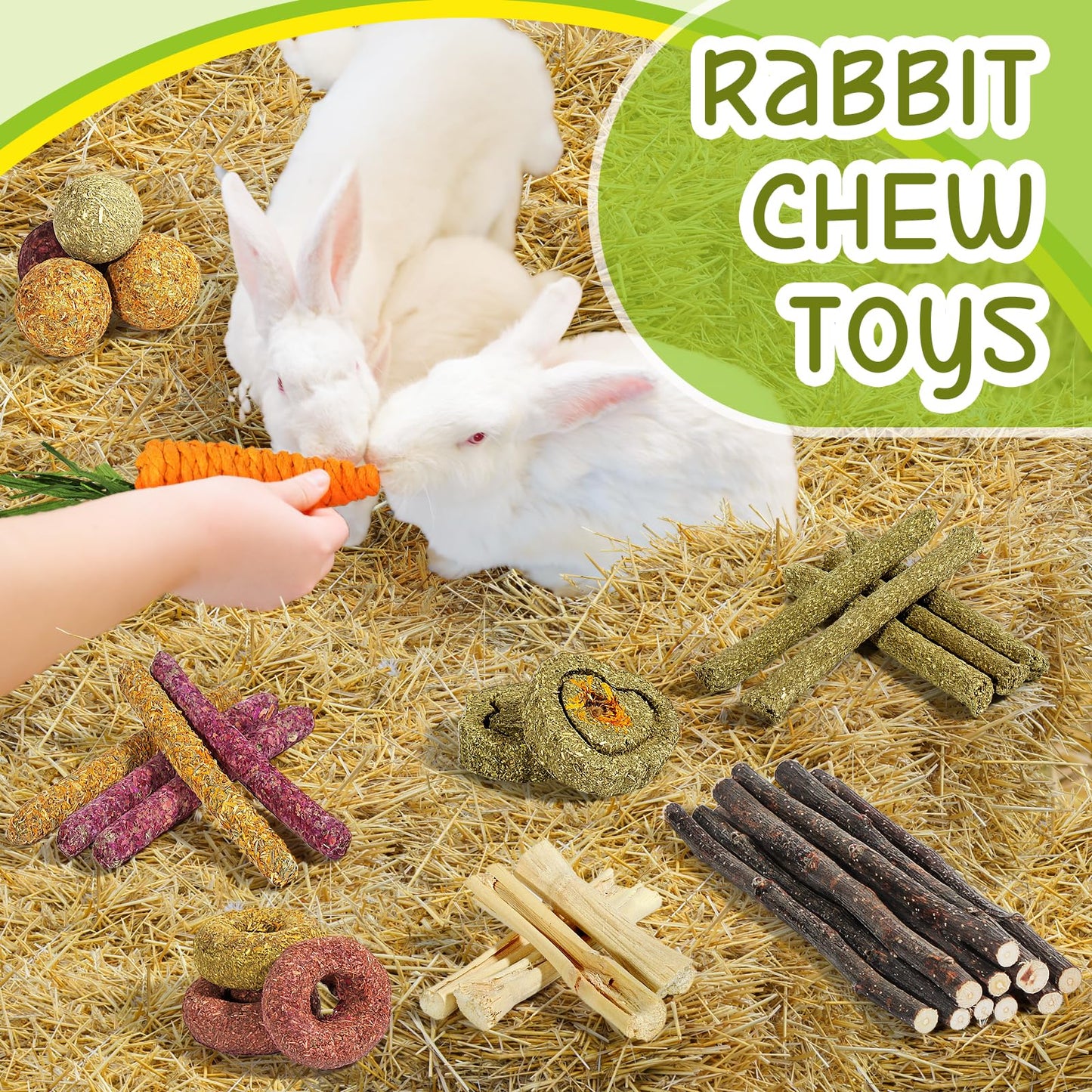 Brand: DBLPMFColor: greenFeatures: 34 PCS RABBIT TOYS : Product is made of natural materials, package contains Timothy hay balls *4, hay donuts *3, Timothy hay sticks *5, Timothy hay sticks with flowers*5, heart shaped hay cakes *2, braided carrots *1, sw