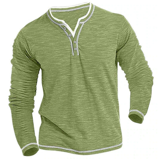 Men's Comfortable Soft Stretch Henley T-shirt in olive green, featuring buttons and long sleeves for casual style.