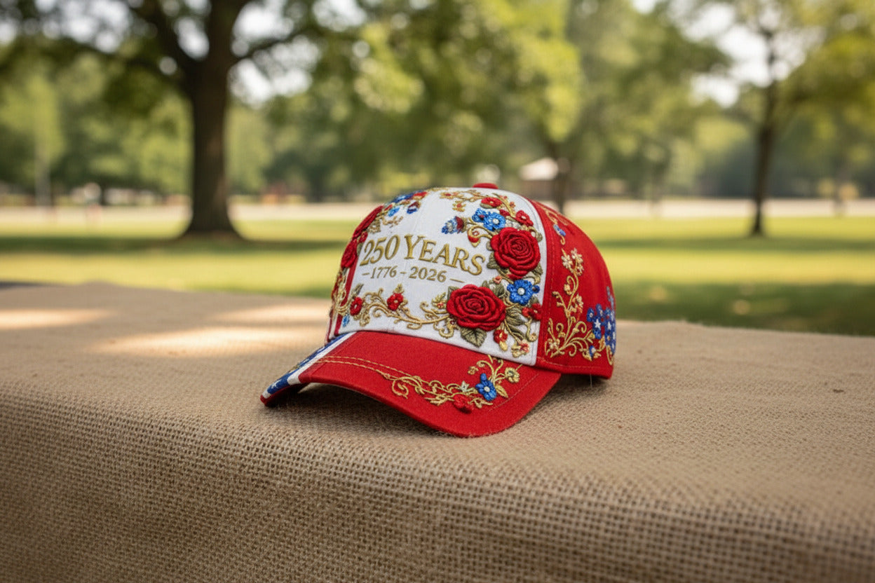 Decorative cap with '250 Years 1776-2026' text and floral designs on a wooden surface.