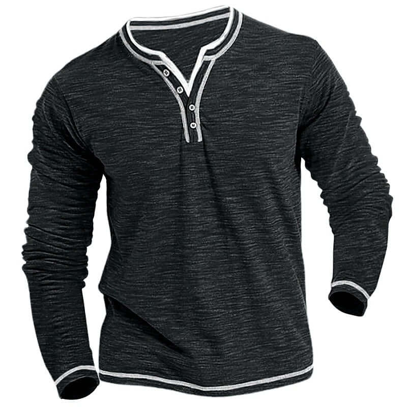 Men's Comfortable Soft Stretch Henley T-shirt in dark gray with contrasting buttons and cuffs.