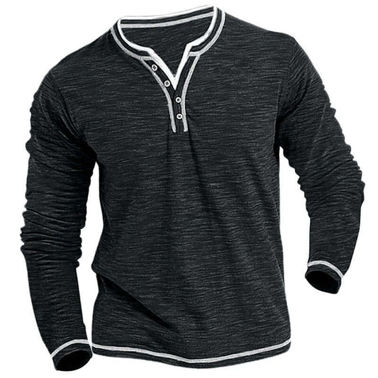 Men's Comfortable Soft Stretch Henley T-shirt in dark gray with contrasting buttons and cuffs.