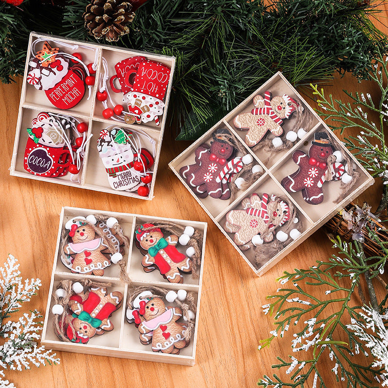Indulge in the charming holiday spirit with these exquisite 12-piece wooden Christmas ornaments. Each set features a gingerbread man, gingerbread lady, and a hot chocolate box - perfect for adding a touch of sweetness to your holiday decor.