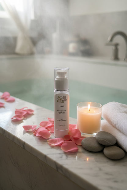 Skincare bottle on a marble surface with pink petals, a candle, and stones in a bathroom setting.