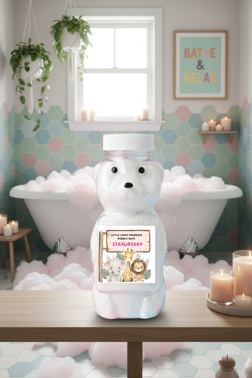 Bear-shaped container with a label on a white background