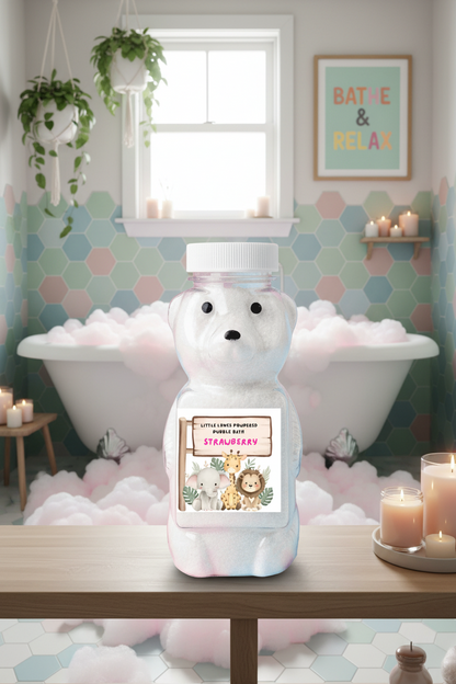 Bear-shaped container with a label on a white background