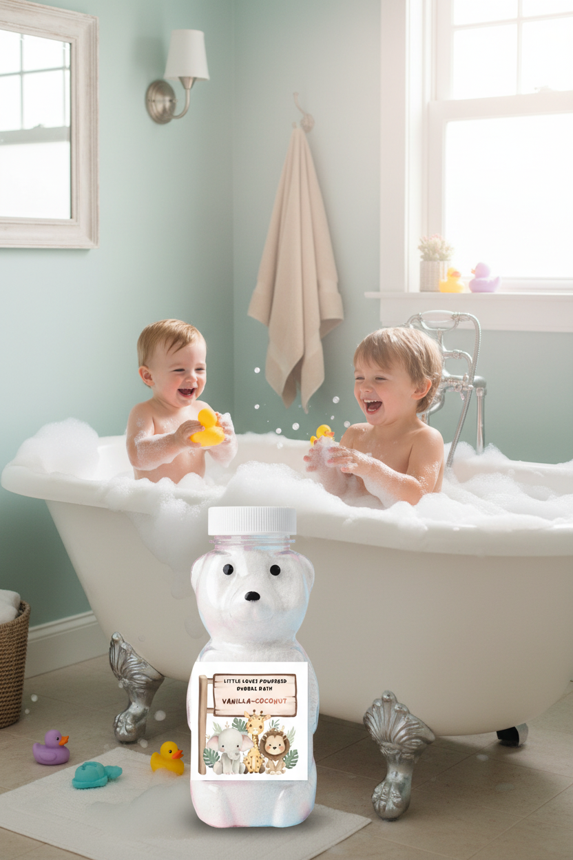Bottle of bubble bath with a bear design on a white background