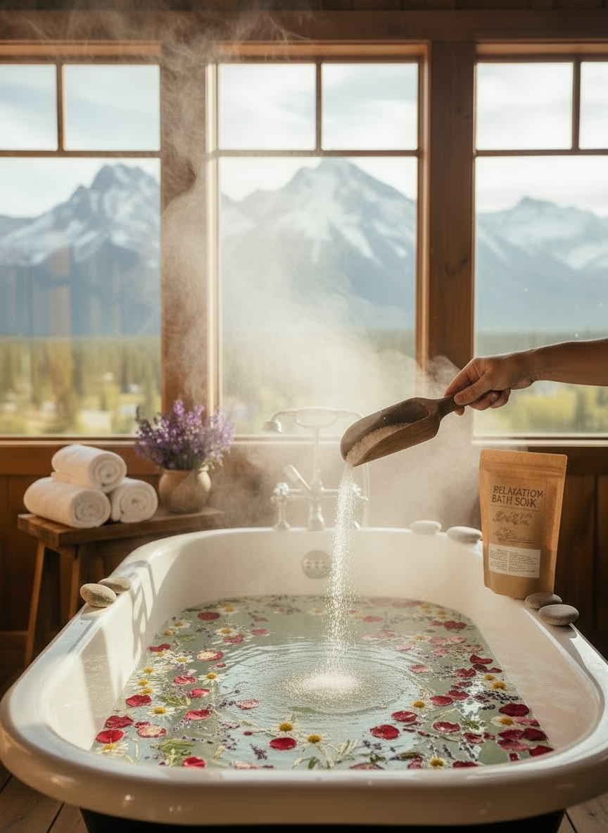 Relaxation bath soak package with botanical illustration on a wooden surface with purple flowers.