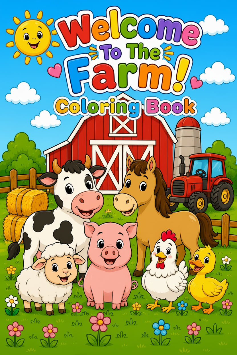Cartoon farm animals with a red barn and tractor on a blue sky background.