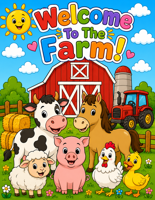 Cartoon farm animals with a red barn and tractor on a blue sky background.