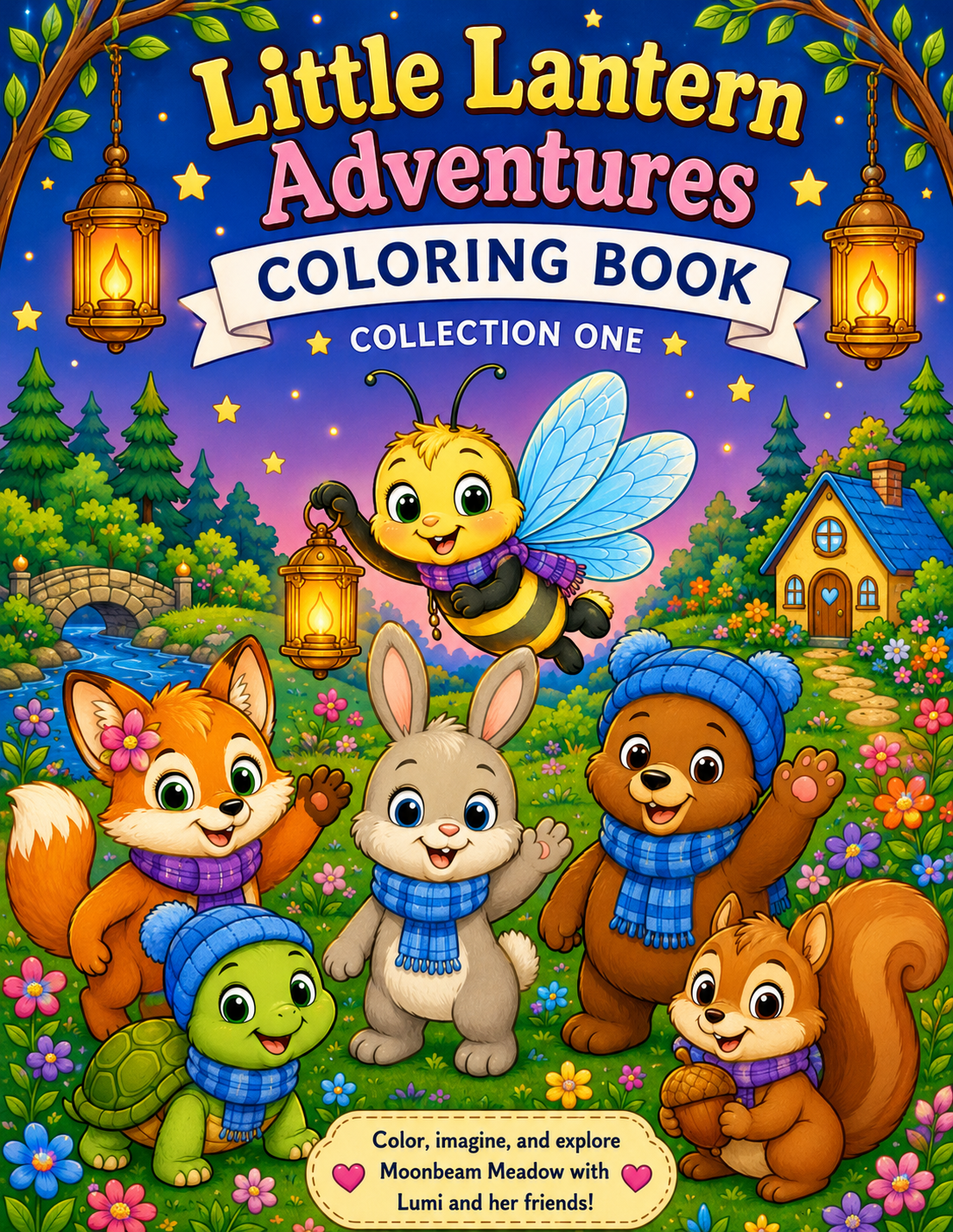 Coloring book cover with cartoon animals and lanterns in a forest setting