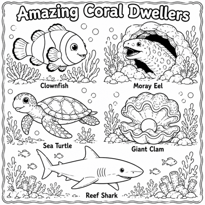Black and white coloring page titled 'Amazing Coral Dwellers' featuring labeled illustrations of a clownfish, moray eel, sea turtle, giant clam, and reef shark in an underwater scene.