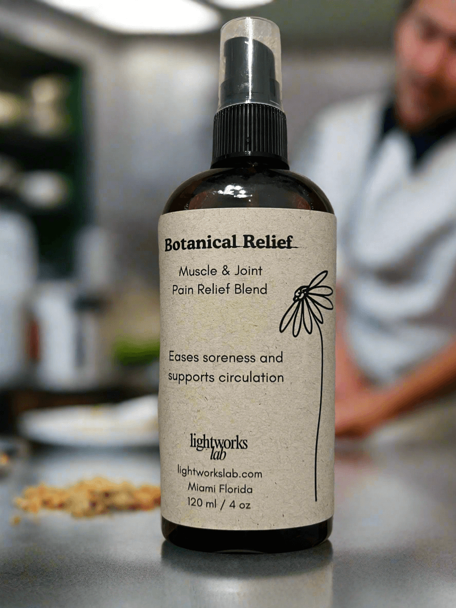 Botanical Relief muscle and joint pain relief blend bottle on a counter with a blurred background