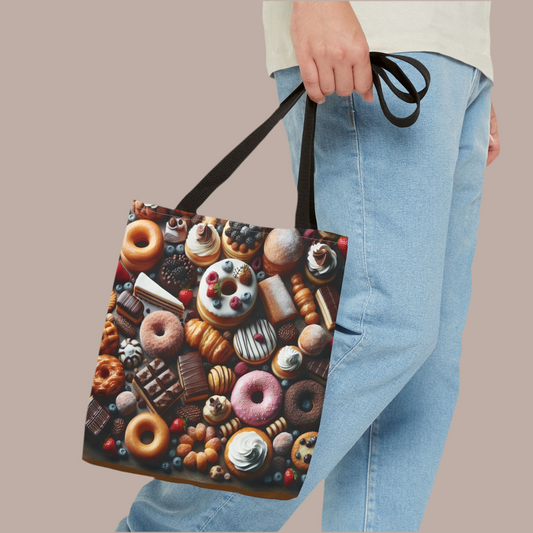 The Desserts Galore Tote Bag is a stylish and durable accessory that is perfect for everyday use. It features a fun design of various desserts, giving off a whimsical and cheerful vibe. This tote bag is relevant for those who love desserts and baking, mak