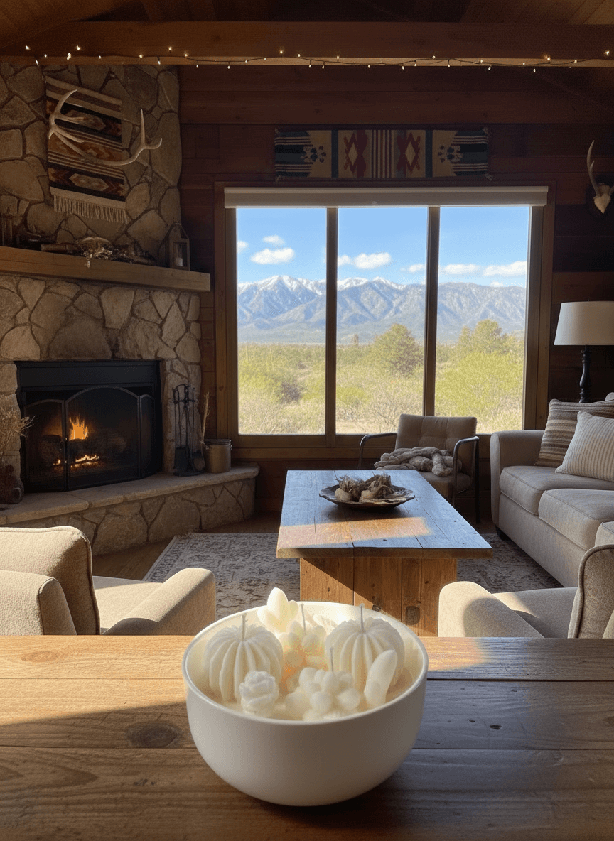 Mood Enhancing Glass Candles displayed in a cozy wooden living room with mountain views.