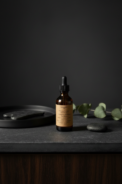 Skincare bottle on a marble surface with flowers and a mirror in the background