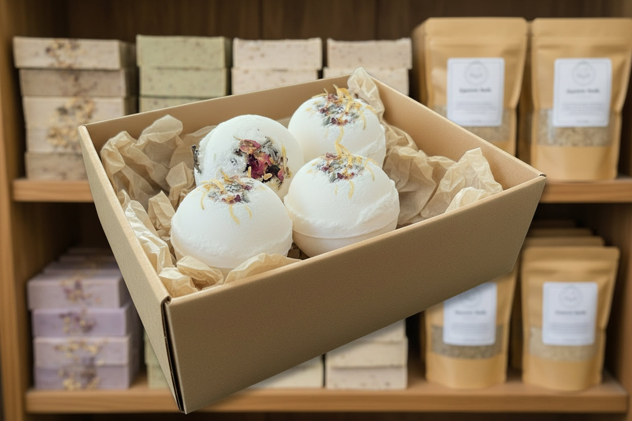 Bath Bomb Fizzies - 5-6 oz. boxed with dried flowers, perfect for a fizzy, aromatic bath experience.