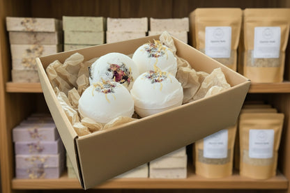 Bath Bomb Fizzies - 5-6 oz. boxed with dried flowers, perfect for a fizzy, aromatic bath experience.