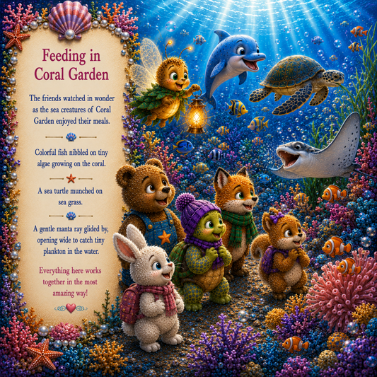 A whimsical illustrated underwater scene titled 'Feeding in Coral Garden' with a parchment-style text panel on the left and a colorful coral reef, sea turtles, dolphins, fish, and several cute animal characters gathered together. This is not a real product photo, not a measurement chart, swatch, or instruction diagram, and there is no clear physical product being sold; it reads as a digital artwork/preview, so subject_type is Other.