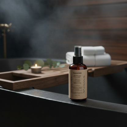 Bottle of Ironwood post-shave toner on a laptop keyboard