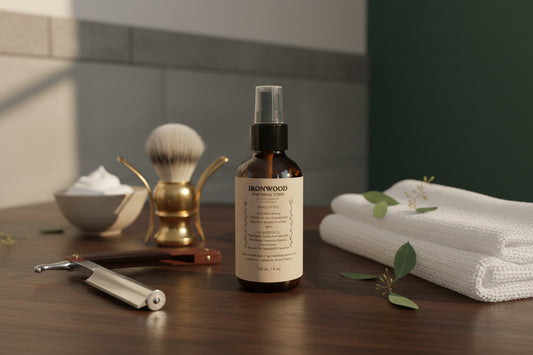 Bottle of Ironwood face mist on a laptop with a blurred background