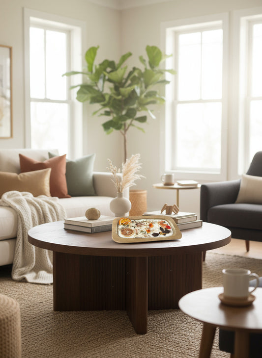 Decorative candle with dried flowers and oranges on a kitchen counter