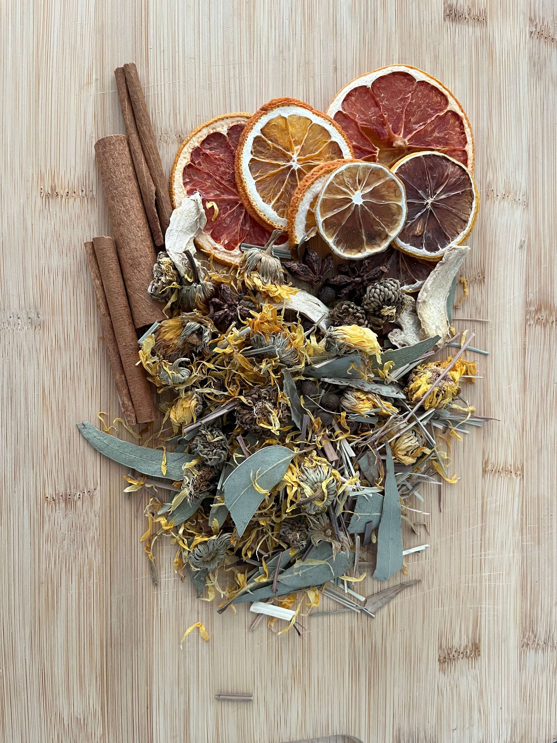 Seasonal Dry or Simmering Potpourris featuring dried herbs, citrus slices, and spices on a wood surface.