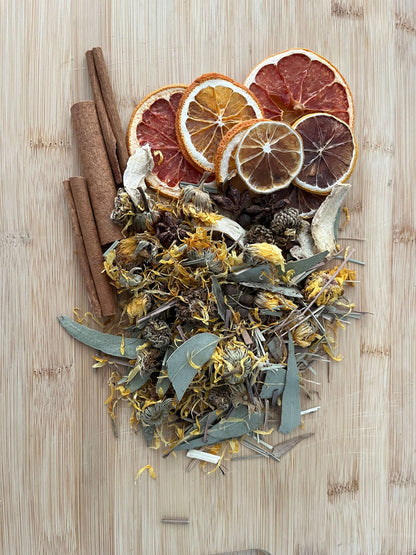 Seasonal Dry or Simmering Potpourris featuring dried herbs, citrus slices, and spices on a wood surface.