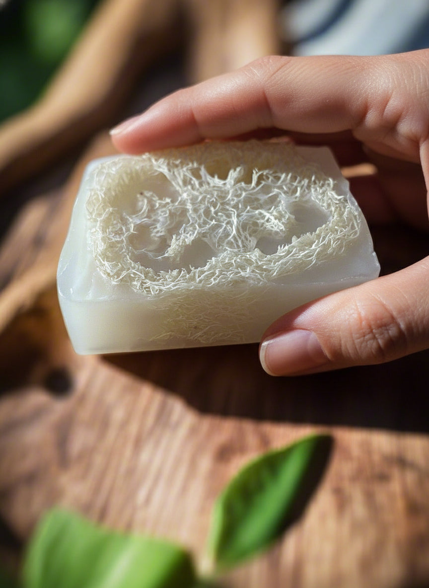 Block of soap with a textured surface on a wooden cutting board